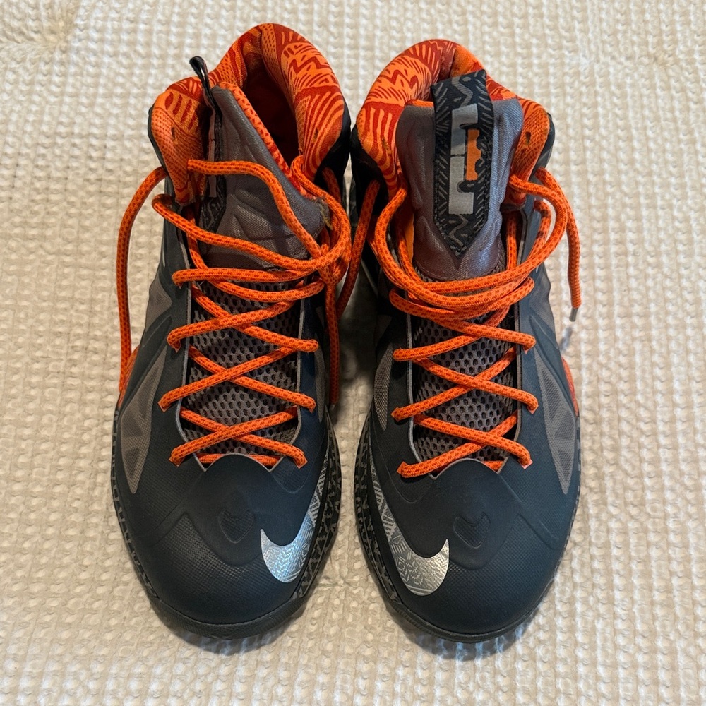 Nike LeBron grey and Silver Sneakers with Orange Accents. BHM.